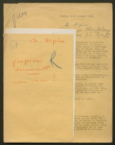 Témoignage de Arpin, Charles et correspondance avec Jacques Péricard