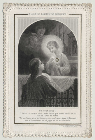 Image pieuse dentelle. Le jour de bonheur par excellence ! Le sacré Coeur de l'Enfant Jésus donnant la communion à un enfant