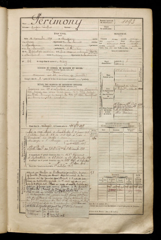 Périmony, Eugène Geoffroi, né le 12 novembre 1874 à Dompierre-sur-Authie (Somme), classe 1894, matricule n° 1093, Bureau de recrutement d'Abbeville
