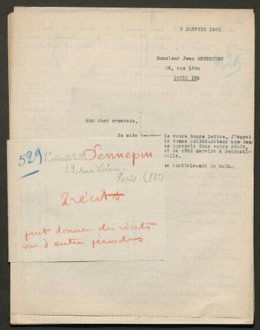 Témoignage de Sennepin, Jean et correspondance avec Jacques Péricard