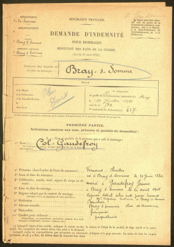 Bray-sur-Somme. Demande d'indemnisation des dommages de guerre : dossier Col-Gaudefroy (Boucher)