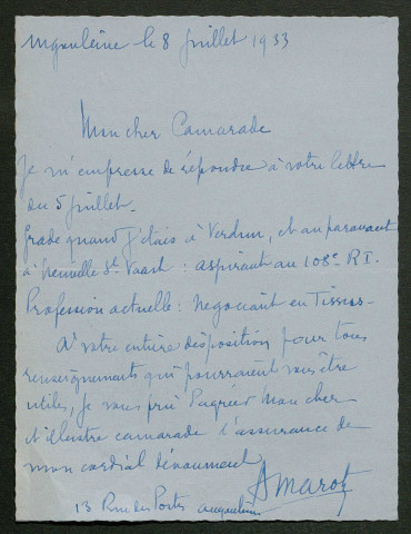 Témoignage de Marot, André et correspondance avec Jacques Péricard