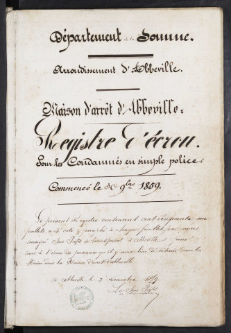 Maison d'arrêt d'Abbeville. Registre d'écrou : numéros 1 à 438. 30 novembre 1859 - 03 mars 1863