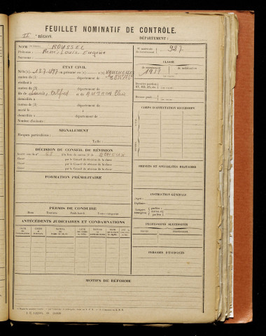 Roussel, René Louis Eugène, né le 13 juillet 1897 à Vauchelles-lès-Authie (Somme), classe 1917, matricule n° 927, Bureau de recrutement d'Abbeville