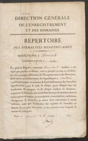 Répertoire des formalités hypothécaires, du 06/09/1830 au 25/07/1831, volume n° 53 (Conservation des hypothèques de Doullens)