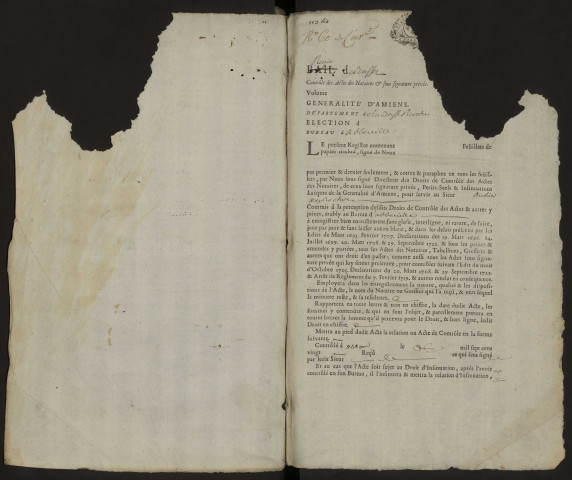 Contrôle des actes du bureau d'Abbeville pour la période du 12 octobre 1726 au 30 octobre 1727