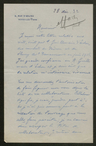 Témoignage de Mesplé, Henri André (Général) et correspondance avec Jacques Péricard