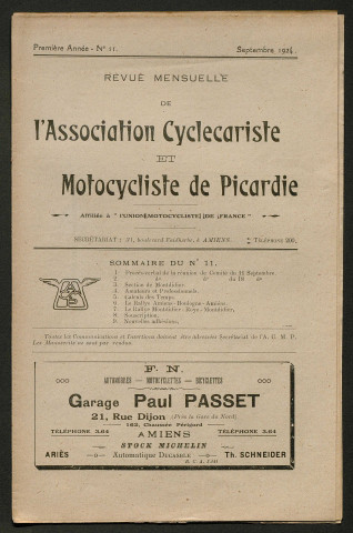 Revue mensuelle de l'association cyclecariste et motocycliste de Picardie - 1ère année, numéro 11