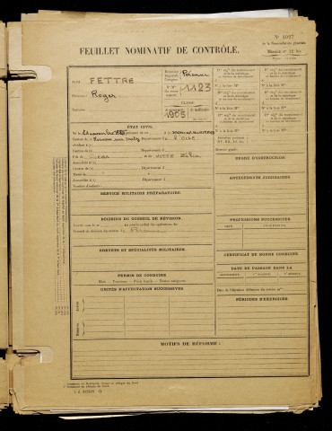 Fettre, Roger, né le 21 novembre 1885 à Monchy-Humières (Oise), classe 1905, matricule n° 1123, Bureau de recrutement de Péronne