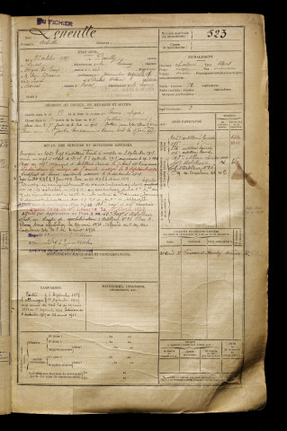Leneutte, Achille, né le 26 octobre 1897 à Poeuilly (Somme), classe 1917, matricule n° 523, Bureau de recrutement de Péronne