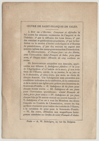 Saint François de Sales, Evêque et Prince de Genève. Saint François de Sales. Carte de l'Association de Saint François de Sales. Oeuvre de Saint François de Sales