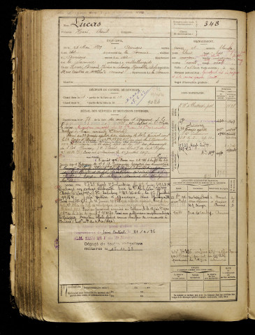 Lucas, Henri Paul, né le 26 mai 1889 à Amiens (Somme), classe 1909, matricule n° 348, Bureau de recrutement d'Amiens