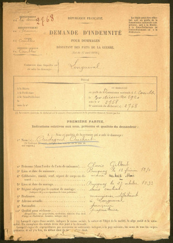 Longueval. Demande d'indemnisation des dommages de guerre : dossier Audegond-Auchard
