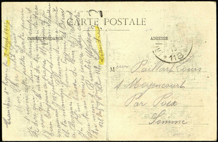 Carte postale intitulée "Verdun-sur-Meuse. La Tour Chaussée (Monument Historique)". Correspondance de Léandre Wasson (128e Régiment d'Infanterie) à Louis Paillart