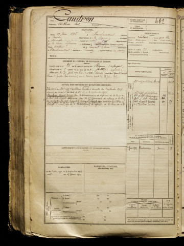 Caudron, Arthur Paul, né le 19 juin 1896 à Bouchavesnes-Bergen (Somme), classe 1916, matricule n° 482, Bureau de recrutement de Péronne