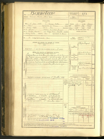 Bonneterre, Médard Charles Alexis, né le 08 juin 1863 à Esmery-Hallon (Somme, France), classe 1883, matricule n° 373, Bureau de recrutement de Péronne