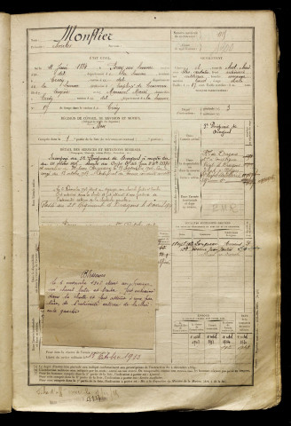 Monflier, Charles, né le 11 juin 1884 à Bray-sur-Somme (Somme), classe 1904, matricule n° 1115, Bureau de recrutement d'Abbeville