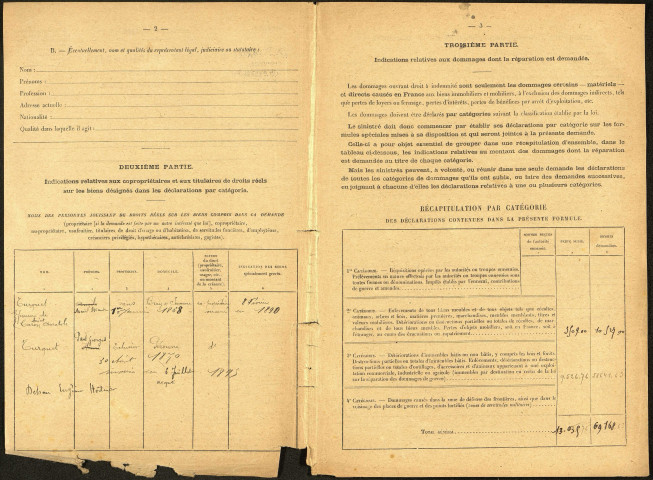 Bray-sur-Somme. Demande d'indemnisation des dommages de guerre : dossier Turquet-Langlet Elie