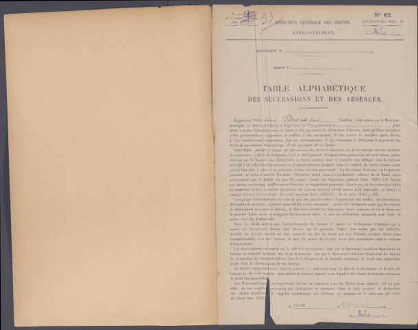 Table des successions et absences du bureau d'Amiens