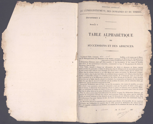 Table des successions et absences du bureau de Hallencourt