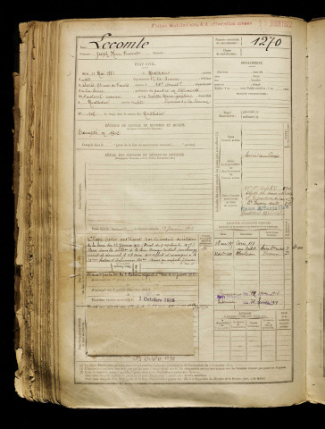 Lecomte, Joseph Henri Vincent, né le 11 mai 1881 à Montdidier (Somme), classe 1901, matricule n° 1270, Bureau de recrutement de Péronne