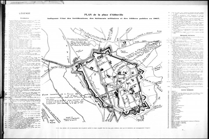 a389. Gravure extraite de l'ouvrage "Les derniers jours d'une forteresse Abbeville 1870-1871", par Emile Gavelle (1912) : plan de la ville d'Abbeville