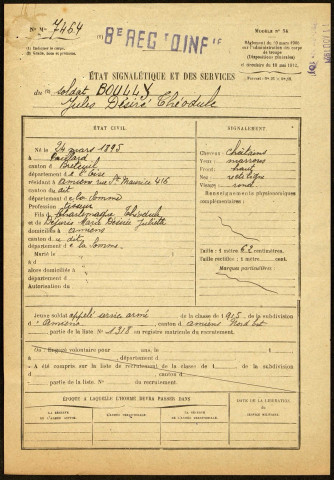 Boully, Jules Désiré Théodule, né le 24 mars 1895 à Paillart (Oise), classe 1915, matricule n° 1318, Bureau de recrutement d'Amiens