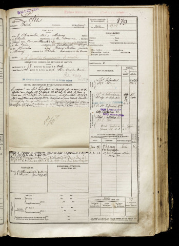 Petit, Iréné, né le 03 novembre 1896 à Misery (Somme), classe 1916, matricule n° 879, Bureau de recrutement de Péronne