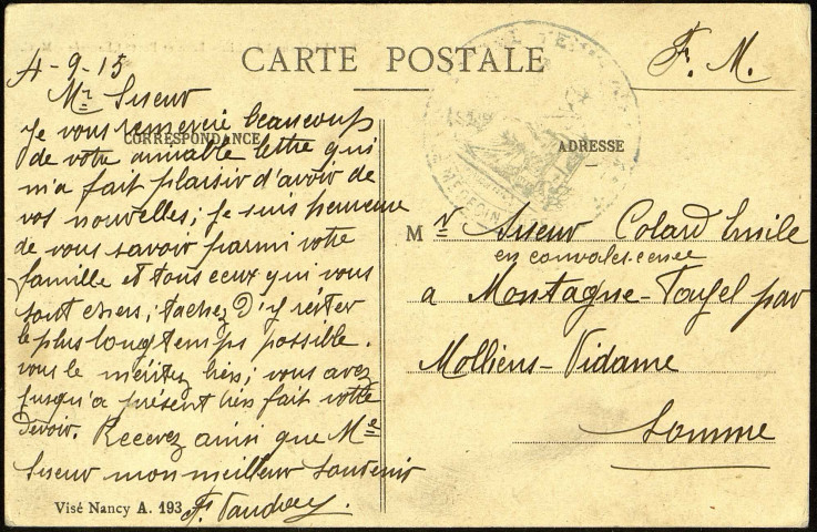 Carte postale "Verdun-sur-Meuse - Pont et Porte Chaussée" adressée à Emile Sueur (1886-1948), en convalescence à Montagne-Fayel, par un de ses amis