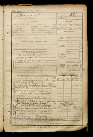 Beaussart, Louis Julien, né le 12 mai 1877 à Amiens (Somme), classe 1897, matricule n° 887, Bureau de recrutement d'Amiens