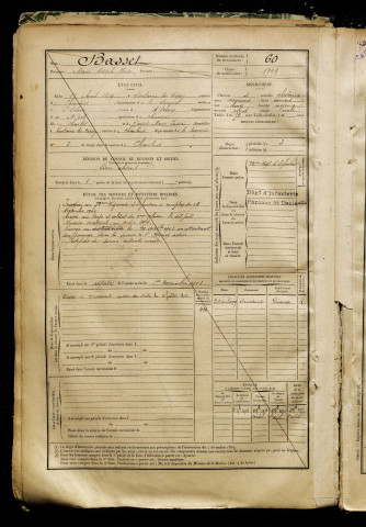 Basset, Marie Joseph Olivier, né le 17 avril 1879 à Fontaine-lès-Cappy (Somme), classe 1899, matricule n° 60, Bureau de recrutement de Péronne