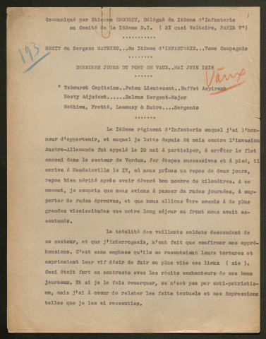 Témoignage de Mathieu, Henri (Sergent) et correspondance avec Jacques Péricard