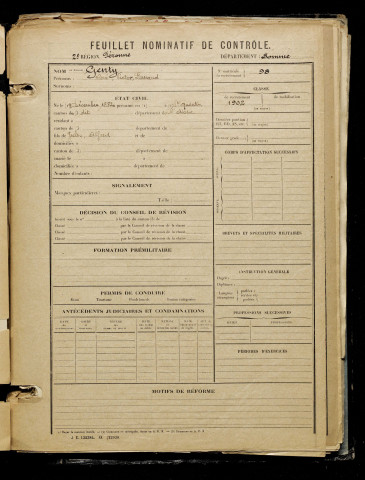 Genty, René Victor Fernand, né le 09 décembre 1882 à Saint-Quentin (Aisne), classe 1902, matricule n° 98, Bureau de recrutement de Péronne
