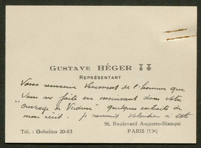 Témoignage de Héger, Gustave (Adjudant) et correspondance avec Jacques Péricard