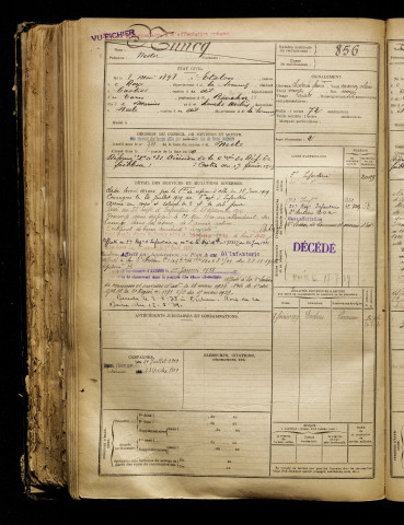 Nuncq, Nestor, né le 02 mai 1898 à Étalon (Somme), classe 1918, matricule n° 856, Bureau de recrutement de Péronne