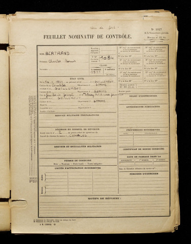 Bertrand, Charles Louis, né le 10 janvier 1891 à Guillemont (Somme), classe 1911, matricule n° 1084, Bureau de recrutement de Péronne