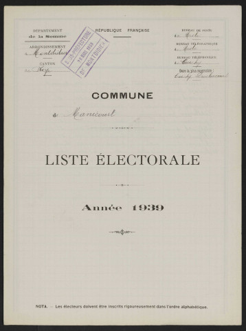 Liste électorale : Curchy (Manicourt)