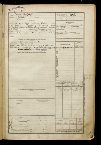 Corne, Gabriel, né le 14 mai 1899 à Esmery-Hallon (Somme), classe 1919, matricule n° 1021, Bureau de recrutement de Péronne