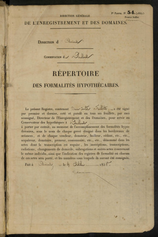 Répertoire des formalités hypothécaires, du 23/05/1860 au 24/10/1860, volume n° 96 (Conservation des hypothèques de Doullens)