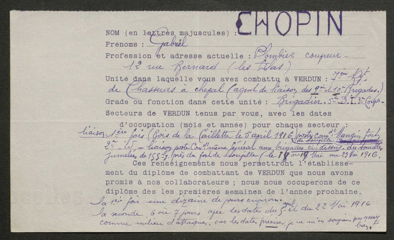 Témoignage de Chopin, Gabriel et correspondance avec Jacques Péricard