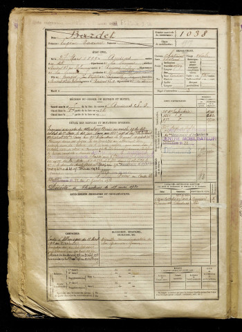 Bardet, Eugène Maxime, né le 27 mars 1899 à Amiens (Somme), classe 1919, matricule n° 1038, Bureau de recrutement d'Amiens