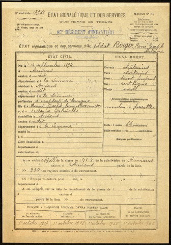 Berger, René Joseph Antoine, né le 12 septembre 1894 à Amiens (Somme), classe 1914, matricule n° 934, Bureau de recrutement d'Amiens