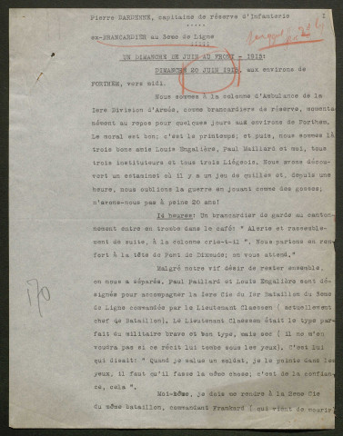 Témoignage de Dardenne, Pierre (Sergent) et correspondance avec Jacques Péricard