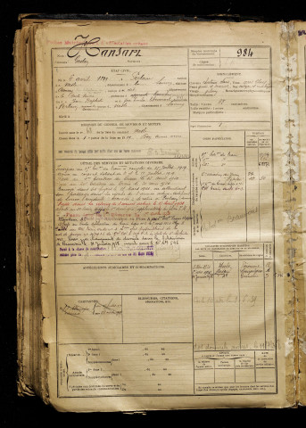 Hansart, Gaston, né le 06 avril 1899 à Pertain (Somme), classe 1919, matricule n° 984, Bureau de recrutement de Péronne