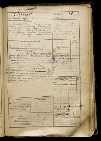 Sueur, Edmond Eugène, né le 13 juillet 1889 à Curchy (Somme), classe 1909, matricule n° 327, Bureau de recrutement de Péronne