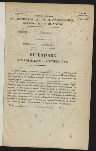 Répertoire des formalités hypothécaires, du 05/03/1931 au 15/05/1931, registre n° 482 (Abbeville)
