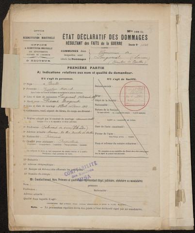 Albert. Demande d'indemnisation des dommages de guerre : dossier Bulté Gustave (Usine d'Agglomérés à Albert et propriété à Longueval)