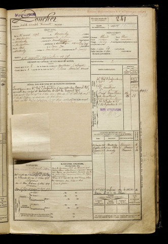 Douchet, Achille Anatole Fernand, né le 18 mars 1896 à Andechy (Somme), classe 1916, matricule n° 241, Bureau de recrutement de Péronne