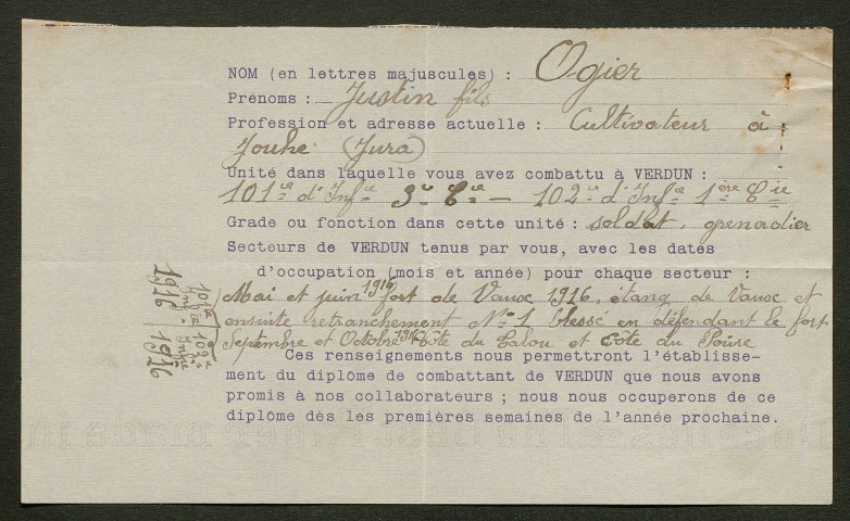 Témoignage de Ogier, Justin (Grenadier) et correspondance avec Jacques Péricard