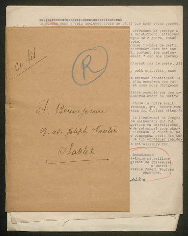 Témoignage de Bonnejonne, François (Maréchal des logis mitrailleur) et correspondance avec Jacques Péricard